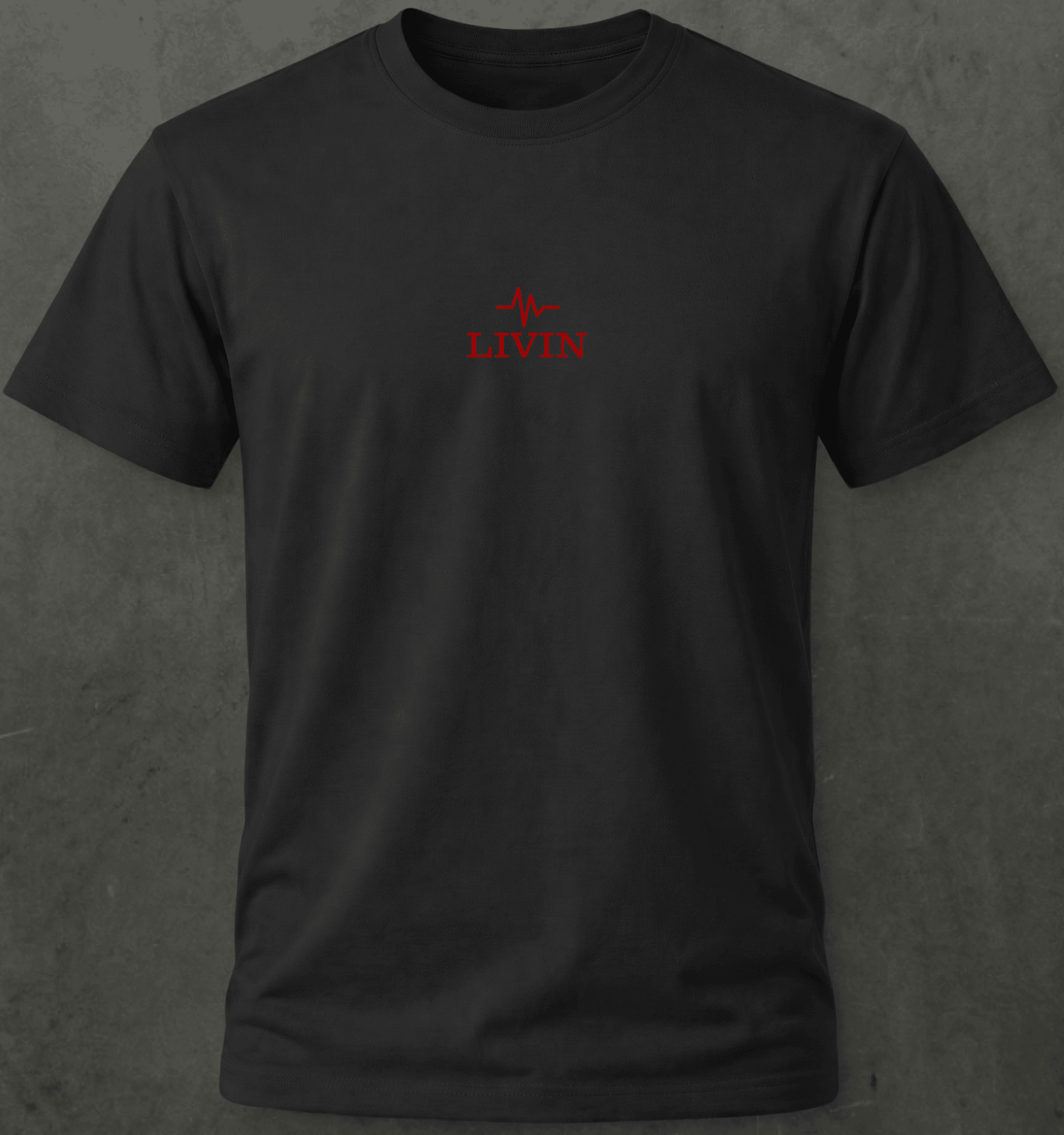 Grounded by Reality Healed by House Tee — LIVIN black cotton t-shirt, front view with waveform logo